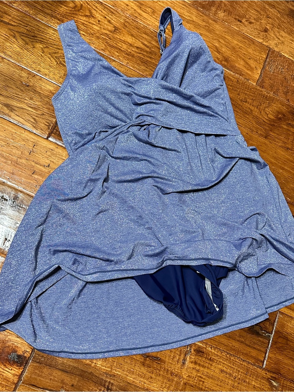 Women’s Lands End Blue Glitter One-Piece Swimsuit with Skirt Size 16